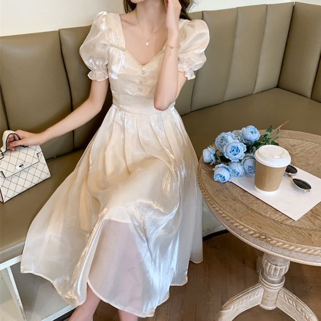 midi length wedding dress with sleeves Classic V-neck Midi-length Floral Lace Wedding Dress with 3/4 Sleeve Off White / 6