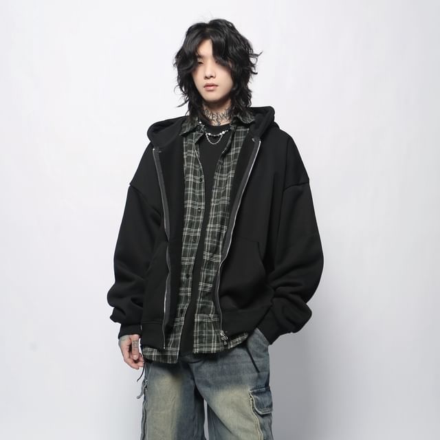 Derbundy-Collared Plaid Mock Two Piece Zip Hoodie