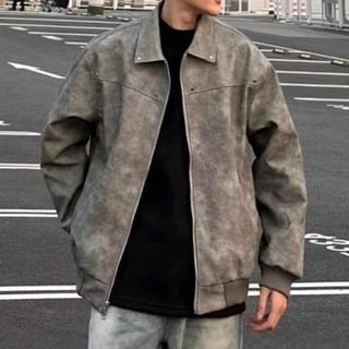 Nightbell-Collared Faux Leather Zip-Up Jacket