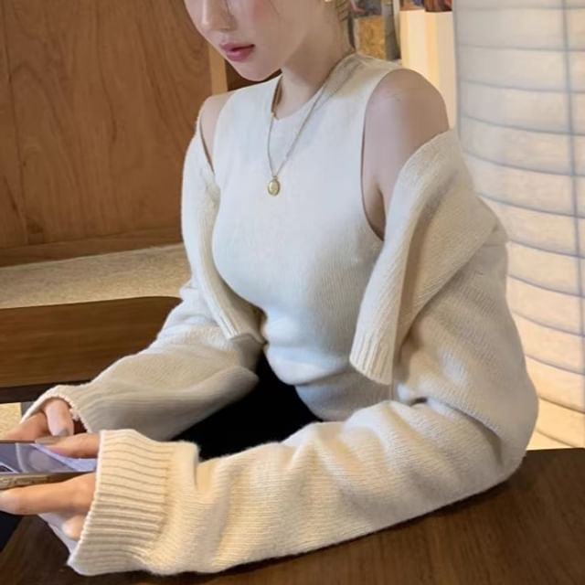 Coris-Set Sleeveless Crew Neck Plain Knit Top Open Front Cardigan