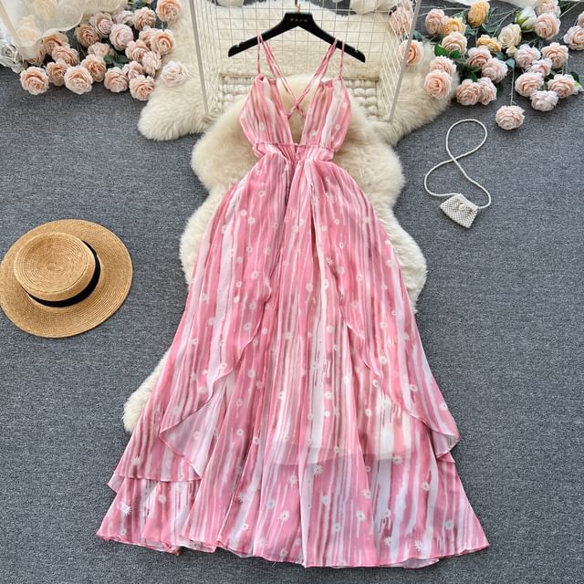 Lucuna - Cross Strap Striped Maxi A-Line Dress | YesStyle