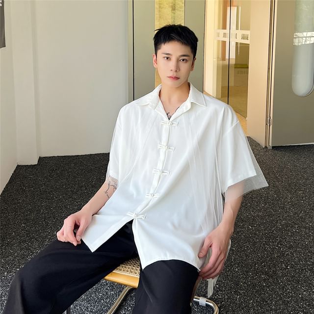 Orungeetun-Short-Sleeve Collared Plain Sheer Panel Shirt