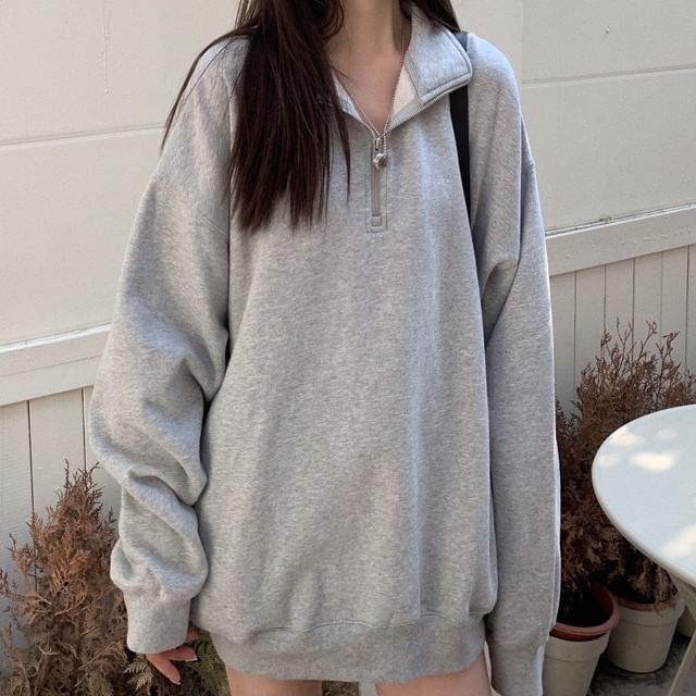 Cossita-Stand Collar Plain Half Zip Sweatshirt