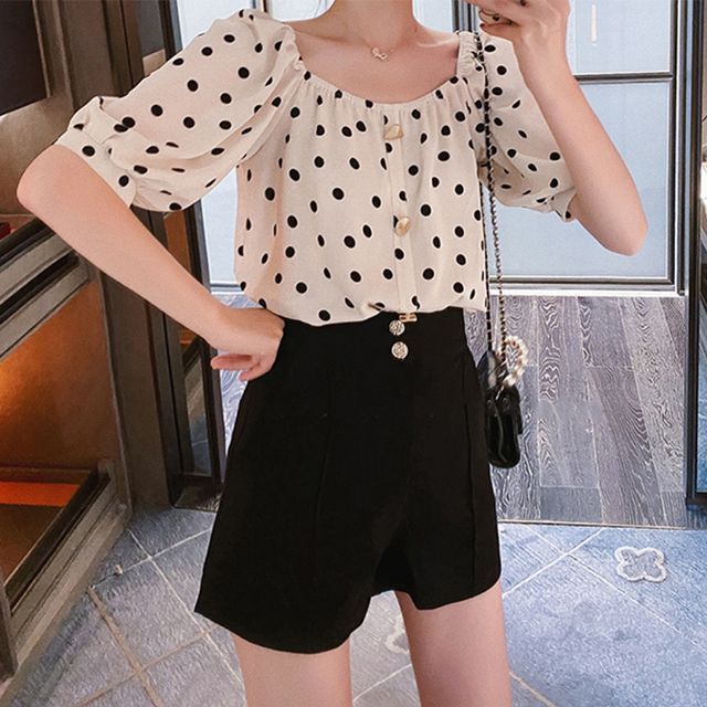 Everose-Puff-Sleeve Dotted Blouse