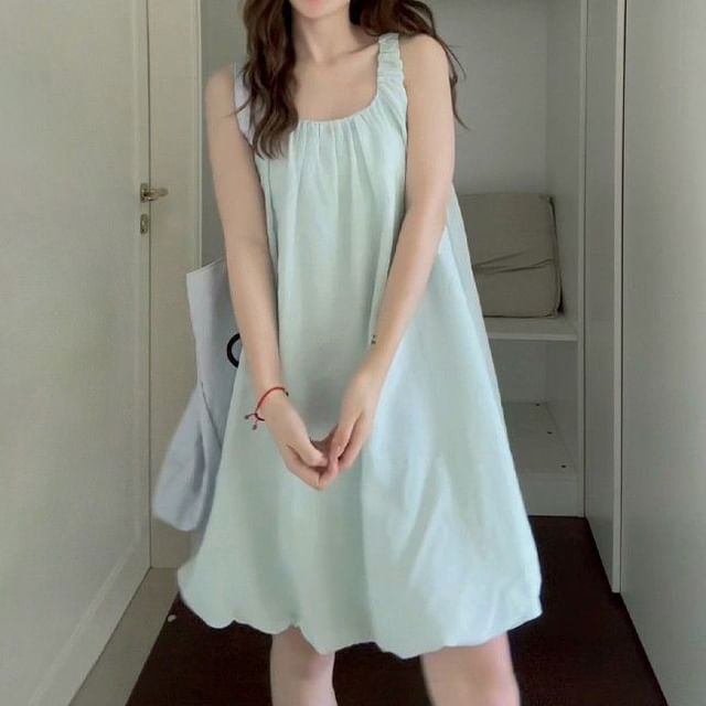 CRIBI-Sleeveless U-Neck Plain Mini A-Line Dress