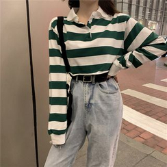 Kairos - Long-Sleeve Striped Cropped Polo Shirt Kairos - Long-Sleeve Striped Cropped Polo Shirt