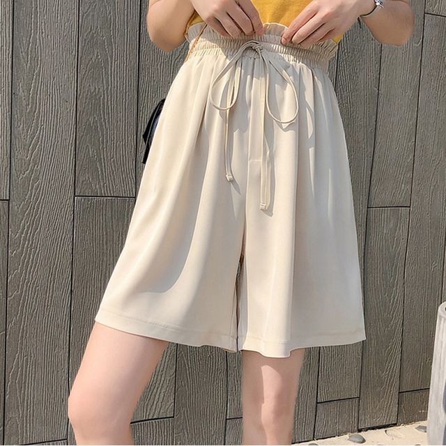 Everose-Drawstring Waist Plain Frill Shorts