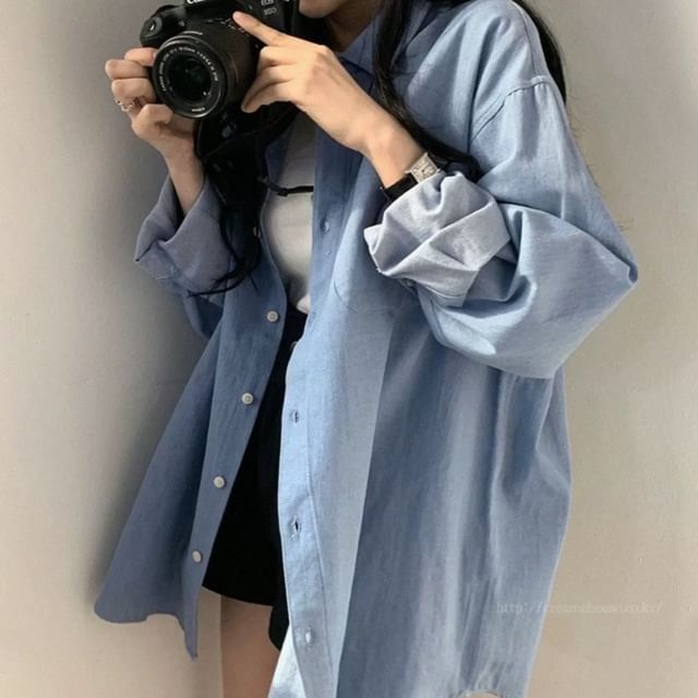 Happo-Long-Sleeve Plain Button-Up Oversized Shirt