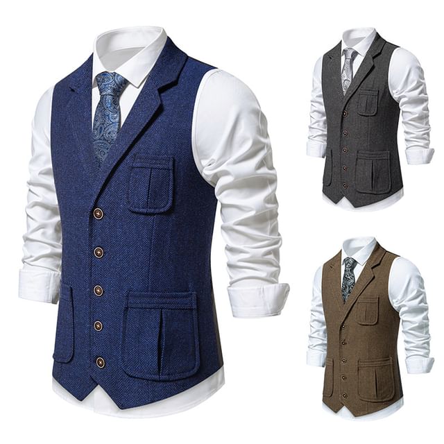 Sheck-Notch Lapel Herringbone Single-Breasted Vest