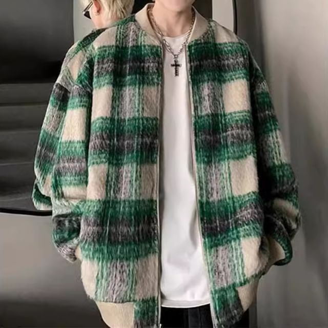 GRAYCIOUS-Plaid Zip-Up Jacket