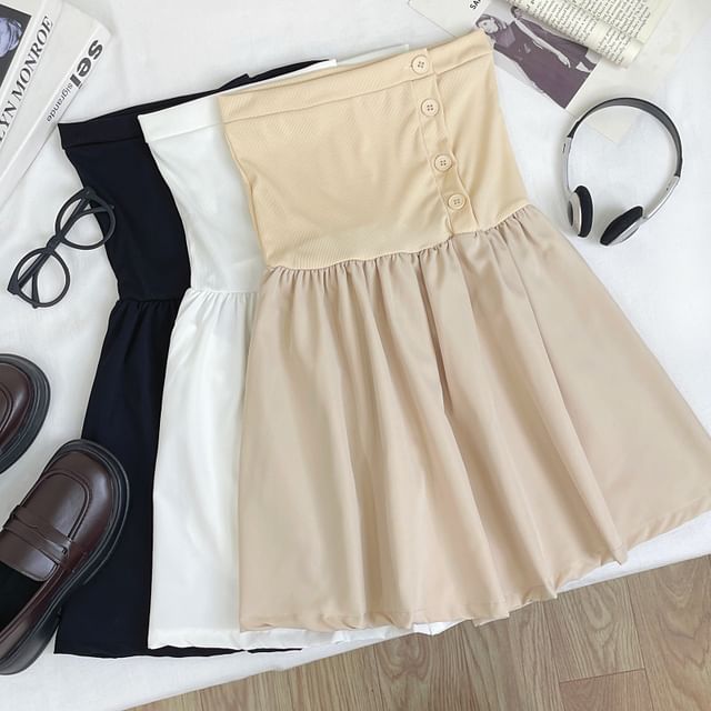 Iasia-Strapless Half-Buttoned Plain Wide Leg Romper