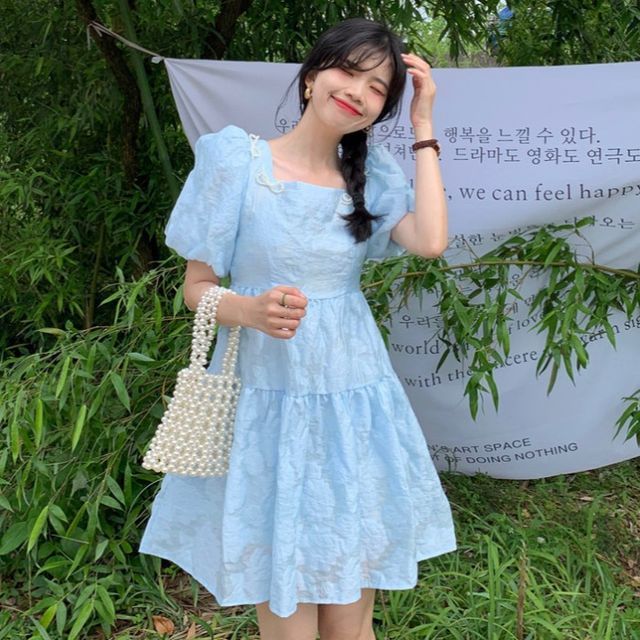 Short-Sleeve Square Neck Smock Dress