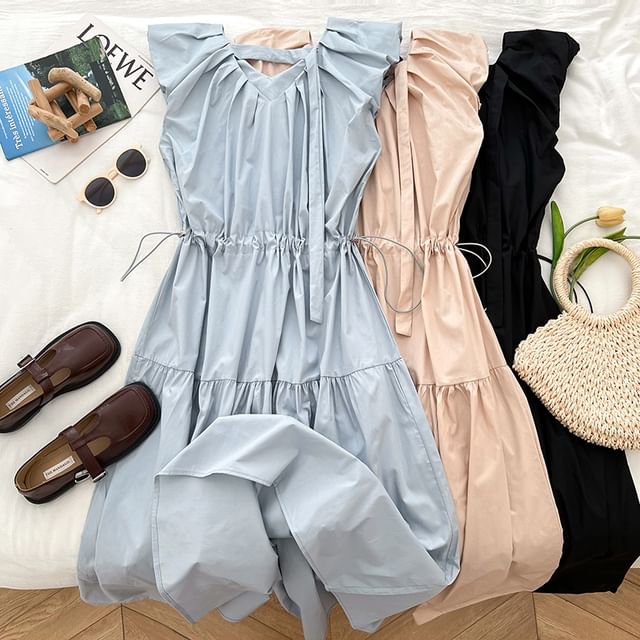 DIYI-Sleeveless V-Neck Plain Drawstring Waist Ruched Panel Maxi A-Line Dress
