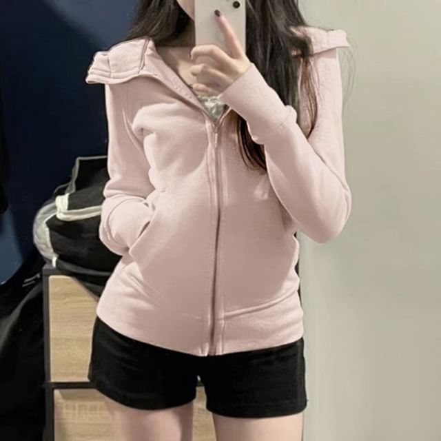 KUMI-Plain Zip-Up Hoodie