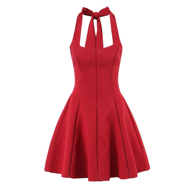 Colada-Halter Square Neck Plain Mini A-Line Dress