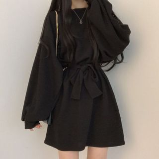 monroll - Lantern-Sleeve Knit Mini A-Line Dress | YesStyle