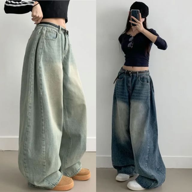 Jesong-Mid Waist Washed Baggy Jeans