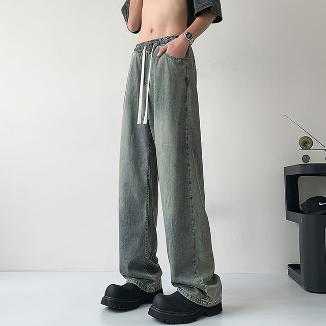 POSI-Drawstring Waist Washed Straight Leg Jeans