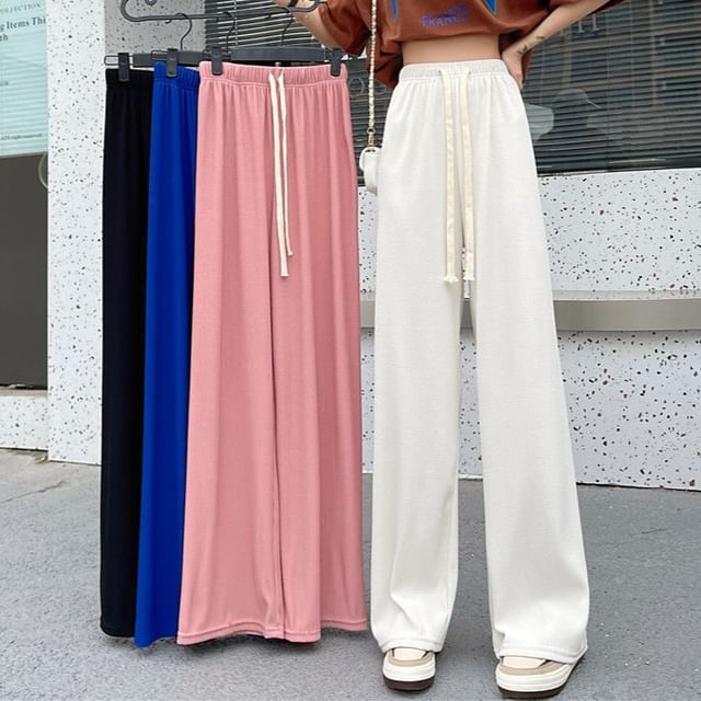 Sisyphi-Drawstring Waist Plain Wide Leg Pants