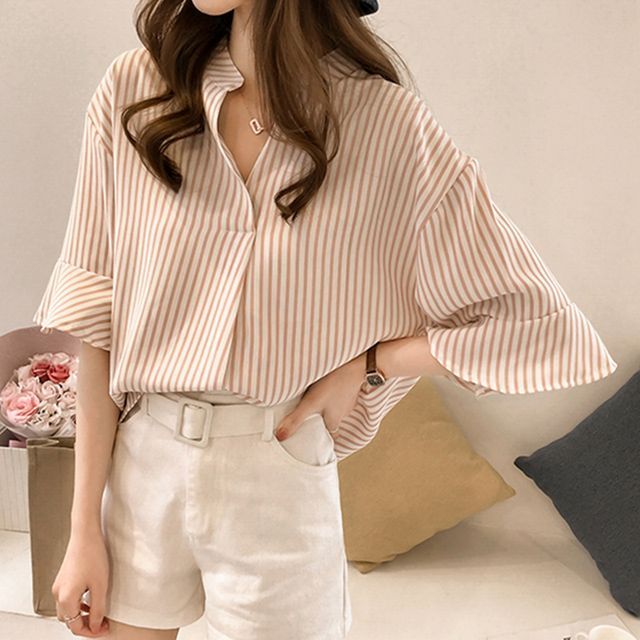 Everose-Elbow-Sleeve Open-Collar Striped Blouse