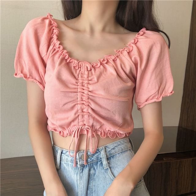 Sisyphi-Short-Sleeve Scoop Neck Plain Drawstring Lettuce Edge Crop T-Shirt