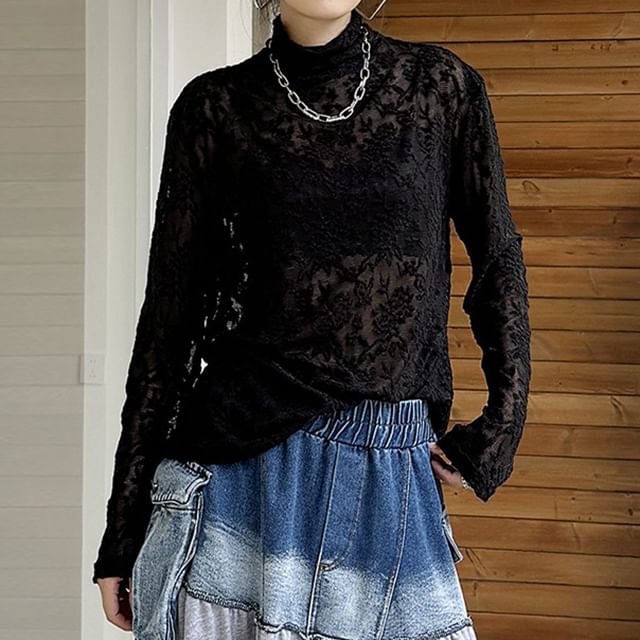 KUMI-Long Sleeve Mock Neck Lace Top