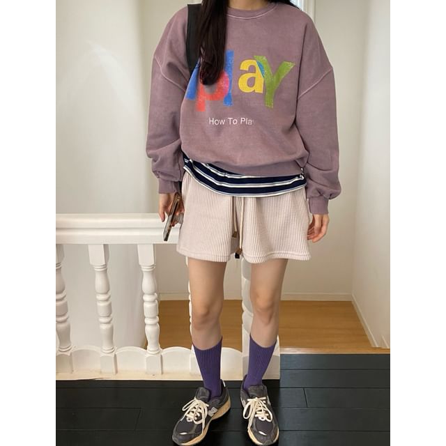 SeoulPop-Drawstring Waist Plain Ribbed Shorts