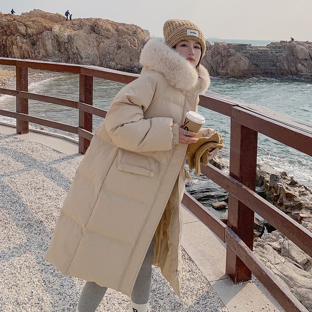 Tzarkozy-Plain Fluffy Trim Hooded Padded Midi Zip Coat