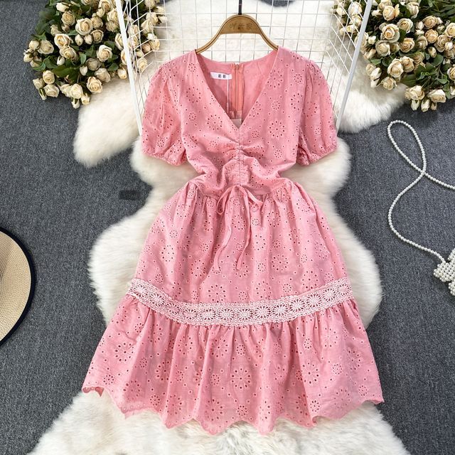 Yearnin - Short-Sleeve V-Neck Drawstring Embroidered Eyelet A-Line Dress |  YesStyle