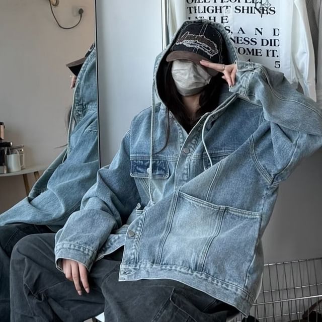 Bay Go Mall-Washed Hooded Button-Up Denim Cargo Jacket