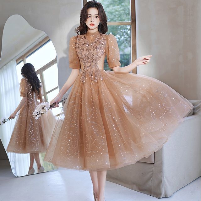 Risthan - Puff-Sleeve Sequin Midi Cocktail Dress | YesStyle