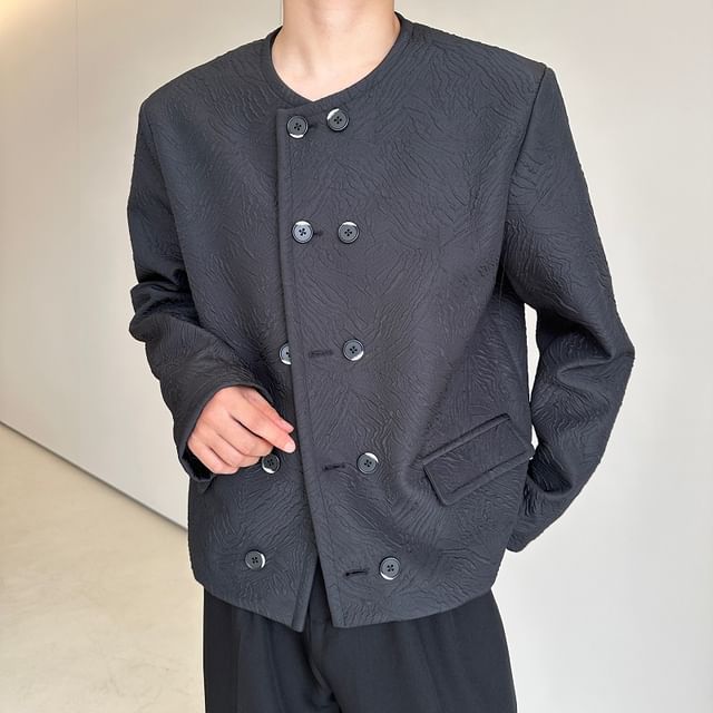 ravewider-Plain Textured Double-Breasted Jacket