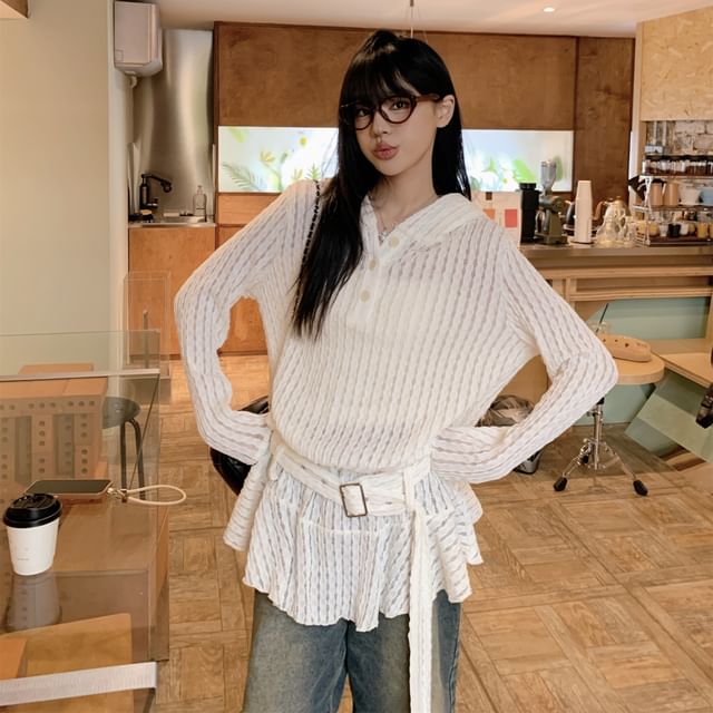 Beem-Long-Sleeve Hooded Ruffle Hem Lace Top