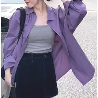 Onipixiy-Long Sleeve Collared Plain Button Shirt