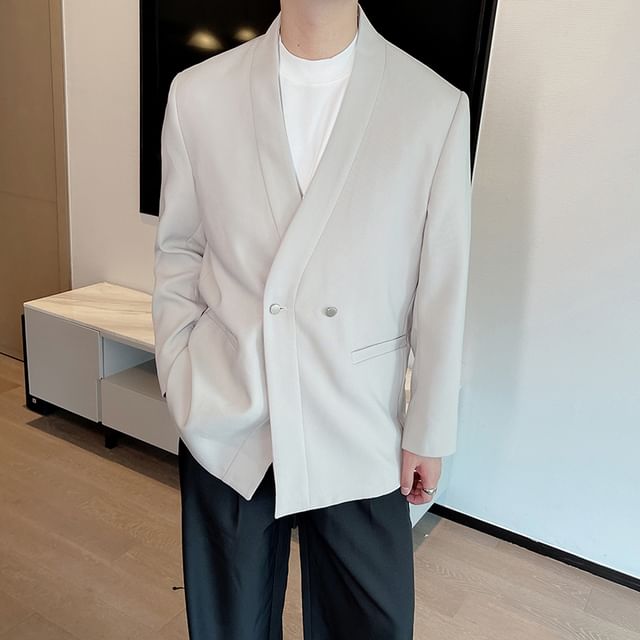 Freehop-V-Neck Plain Double-Breasted Blazer
