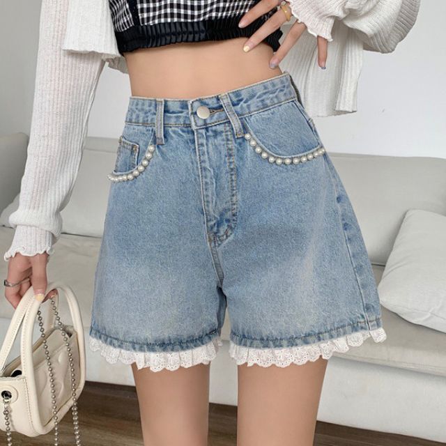 High-Waist Faux Pearl Panel Lace Trim 