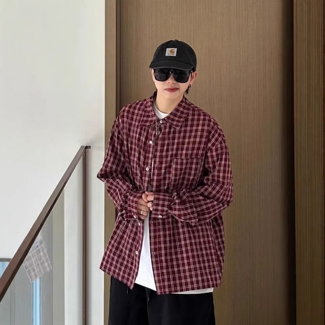 Neonity Wear-Long Sleeve Collared Plaid Shirt