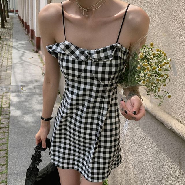 gingham spaghetti strap dress