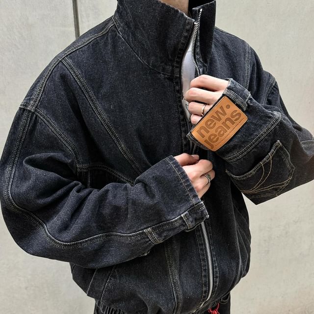 DragonRoad-Stand Collar Washed Zip-Up Denim Jacket