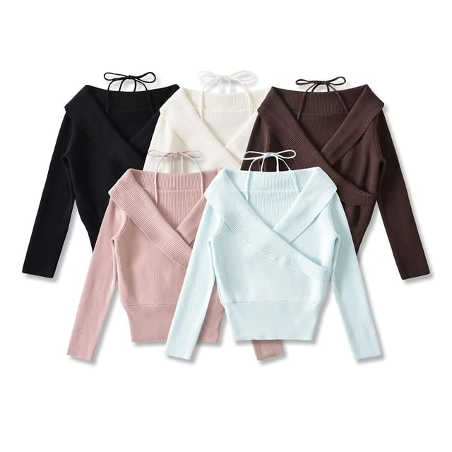 Asiris-Mock Two-Piece Long-Sleeve Halter-Neck Plain Wrap Sweater