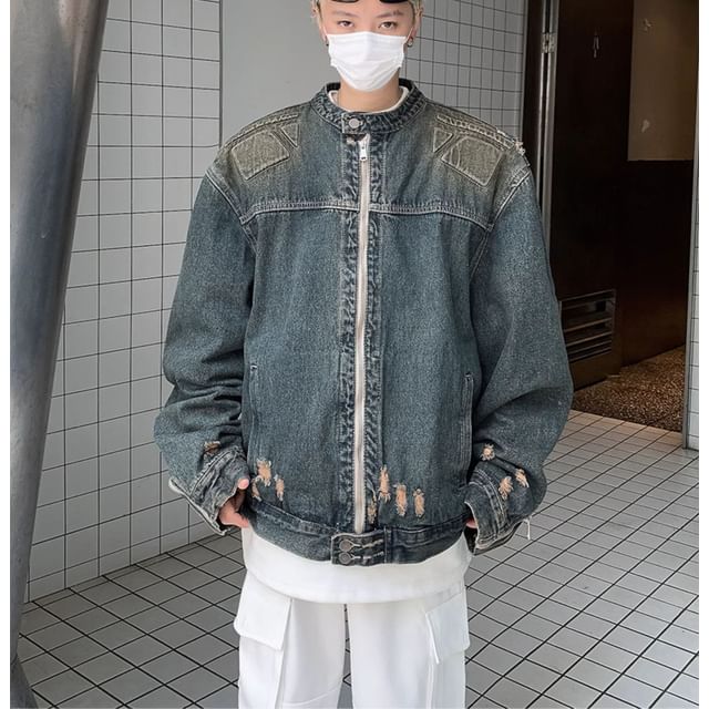 Plummie-Stand Collar Zip-Up Denim Jacket