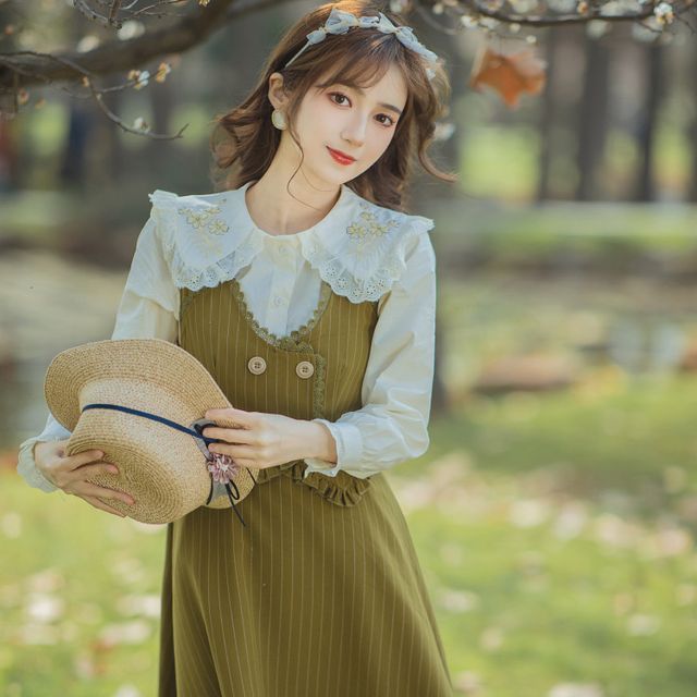 AMOS - Puff-Sleeve Plain Lace Collar Blouse / Pinstriped Double ...