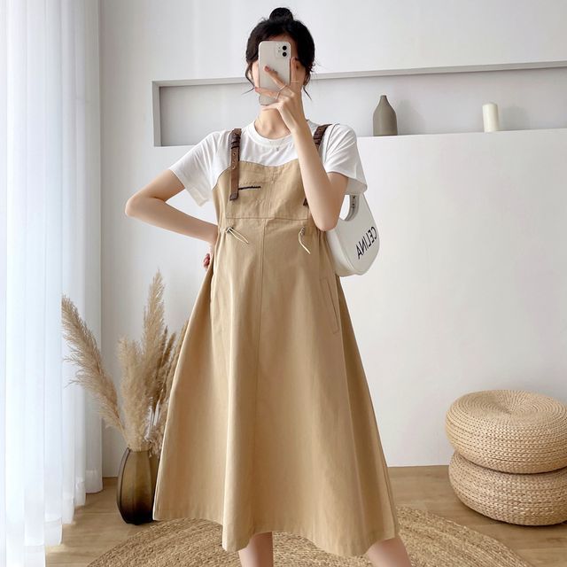 Levsayte - Maternity Mock Two-Piece Short-Sleeve Drawstring Midi A-Line  Dress