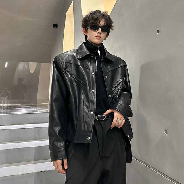 Freehop-Collar Plain Faux Leather Button Jacket