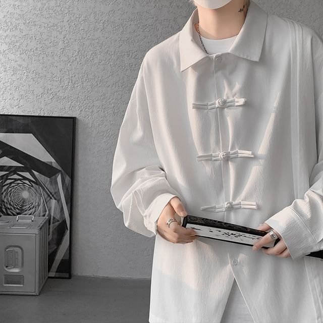 Freehop-Puff-Sleeve Plain Frog buttoned Shirt