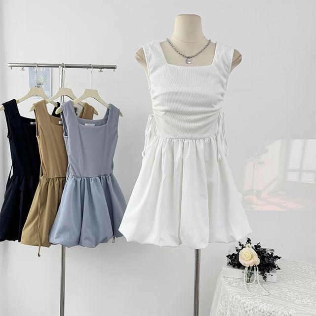 Lemongrass-Sleeveless Square-Neck Plaid Side-Drawstring Slim-Fit Bubble Hem Mini Dress