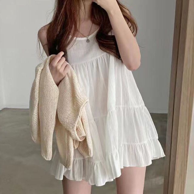 Janerium-Spaghetti Strap Plain Tiered Mini A-Line Dress