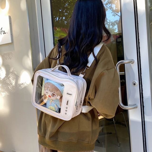 Hikuozy-Transparent Panel Faux Leather Backpack
