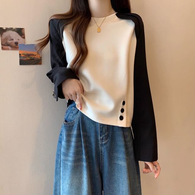 Cloud Nine-Long-Sleeve Crew Neck Button Hem Raglan T-Shirt