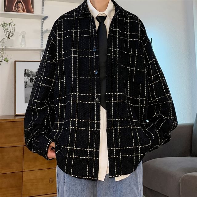 DuckleBeam-Collared Plaid Single Breasted Shirt Jacket